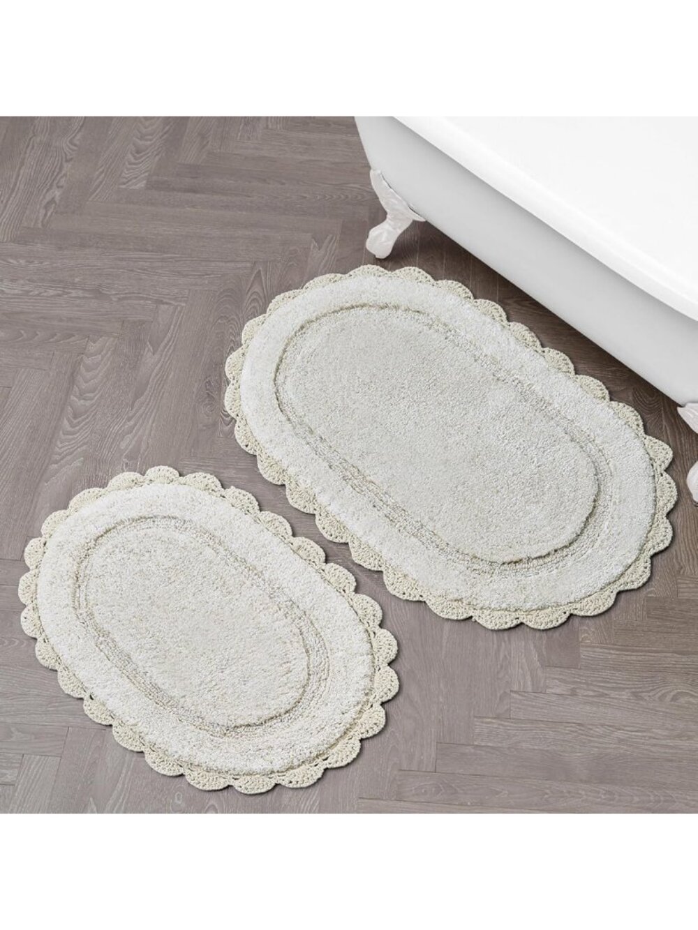 Soft & Absorbent 2-Piece Cotton Bath Mat Set with Crochet Border, Sandshell
